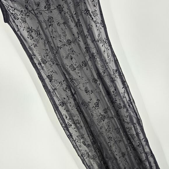 Vintage y2k Dress Black Velvet Glitter Sheer Floral Embroidered Maxi Size 8P - Picture 6 of 6